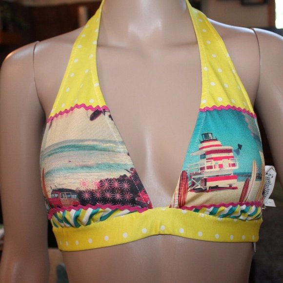 ECO FRIENDLY YELLOW POLKA DOT HALTER BIKINI SURF M - Picture 5 of 5